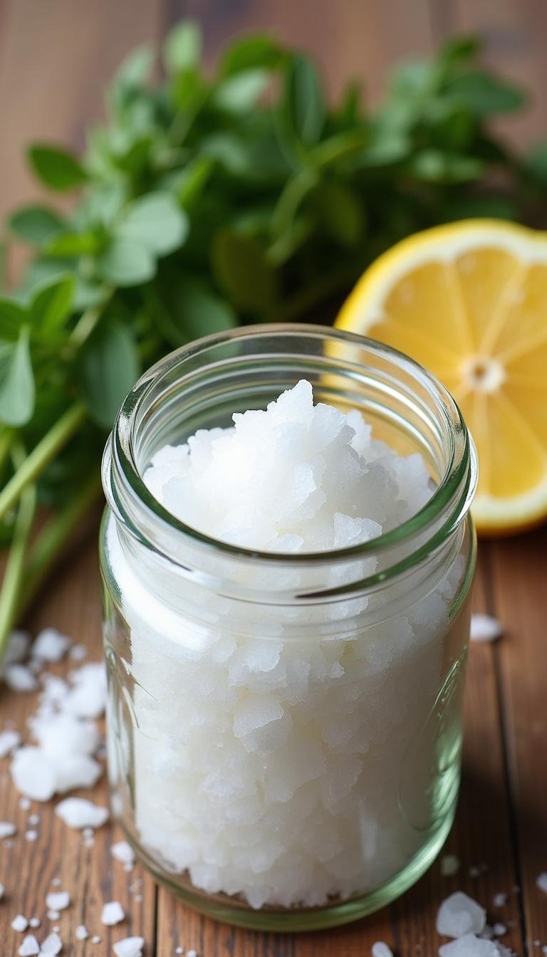 Herbs and lemon slices alongside Celtic salt in a jar, representing natural flavoring options and health benefits