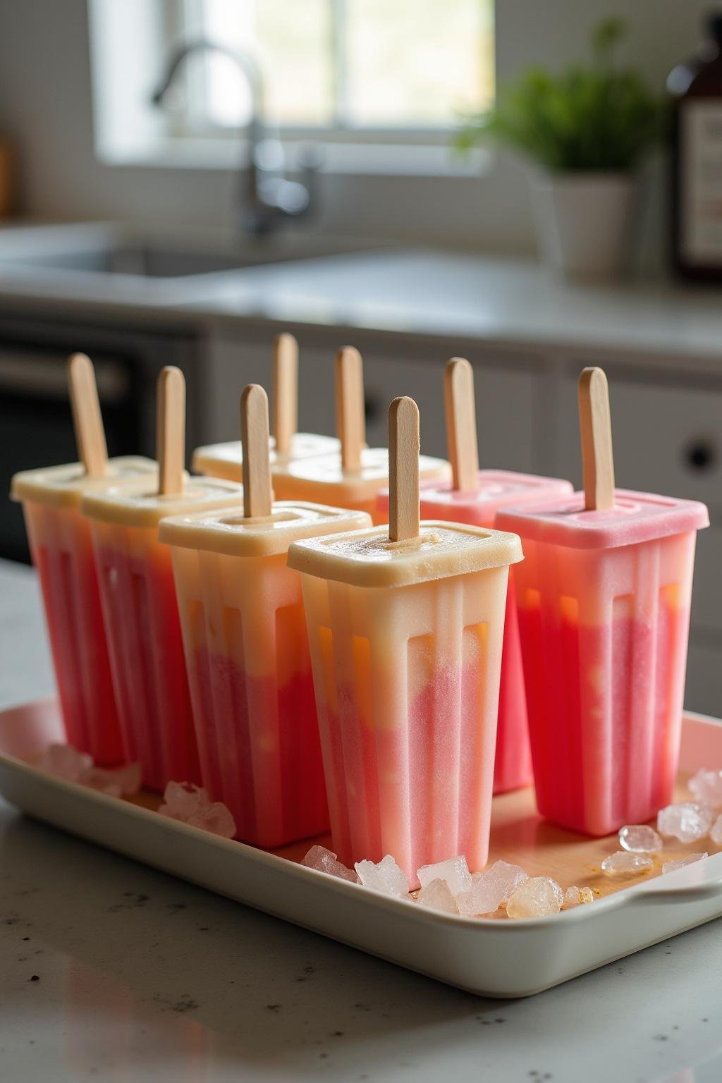 Multiple colorful cortisol cocktail popsicles cooling in a silicone tray in a modern kitchen