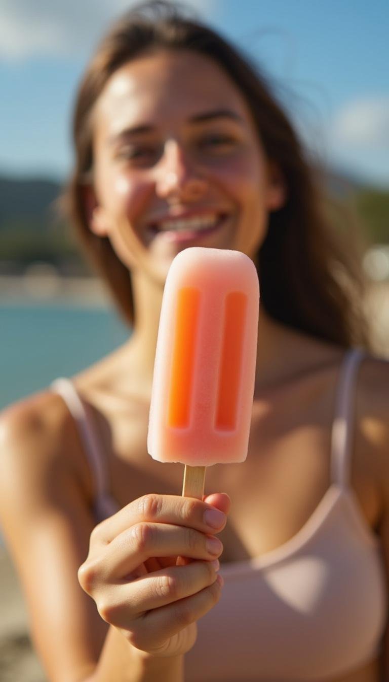 Happy individual enjoying a refreshing cortisol cocktail popsicle outside in the summer