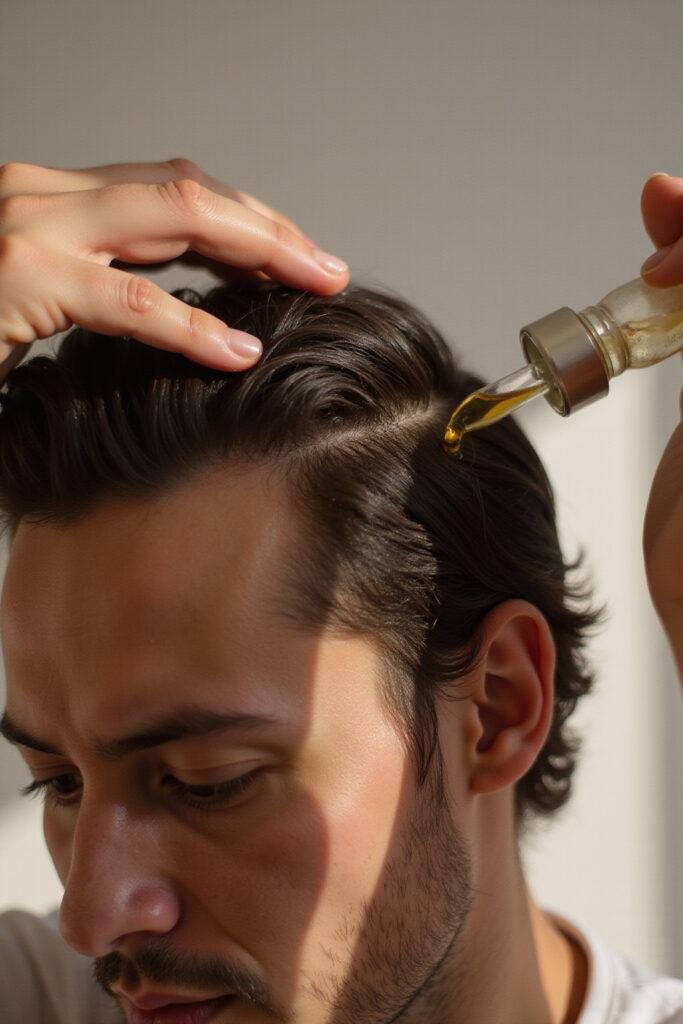 Person applying DIY hair growth serum to scalp using a dropper in natural light