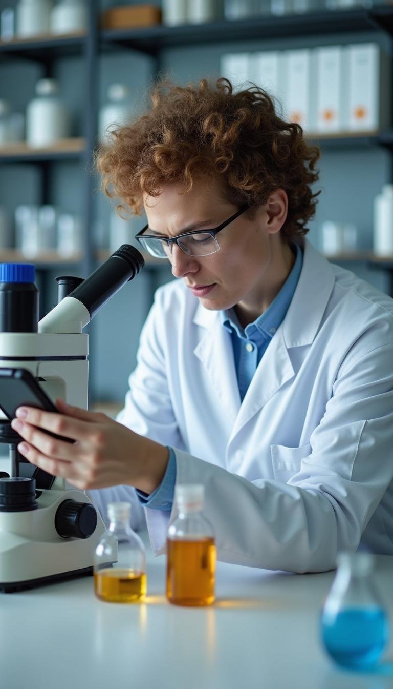 Research scientist studying hair growth ingredients in a lab environment