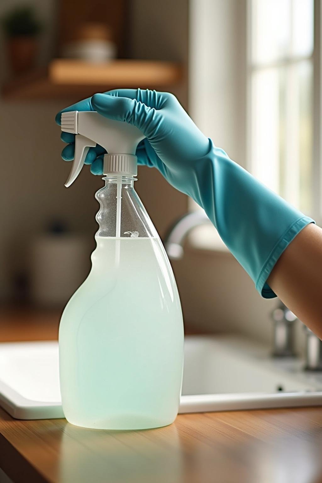 Person preparing homemade non-toxic cleaning spray using natural ingredients in a sunny kitchen