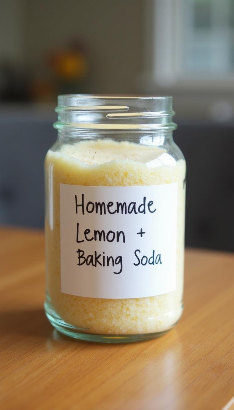 Homemade non-toxic cleaning scrub in a jar with lemon and baking soda in a cozy kitchen setting