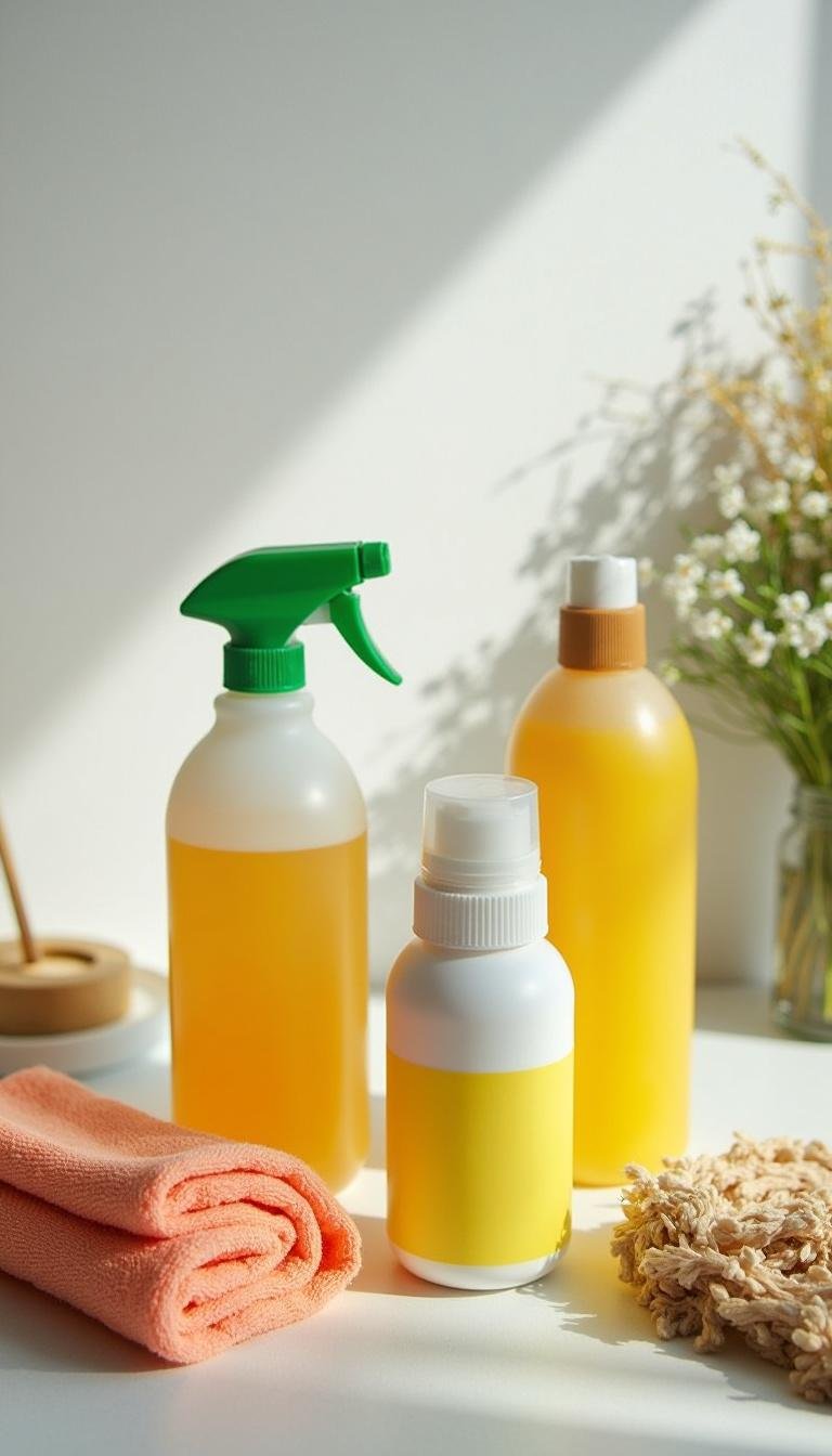 Display of eco-friendly spring cleaning products including spray bottles and microfiber cloths with natural decor