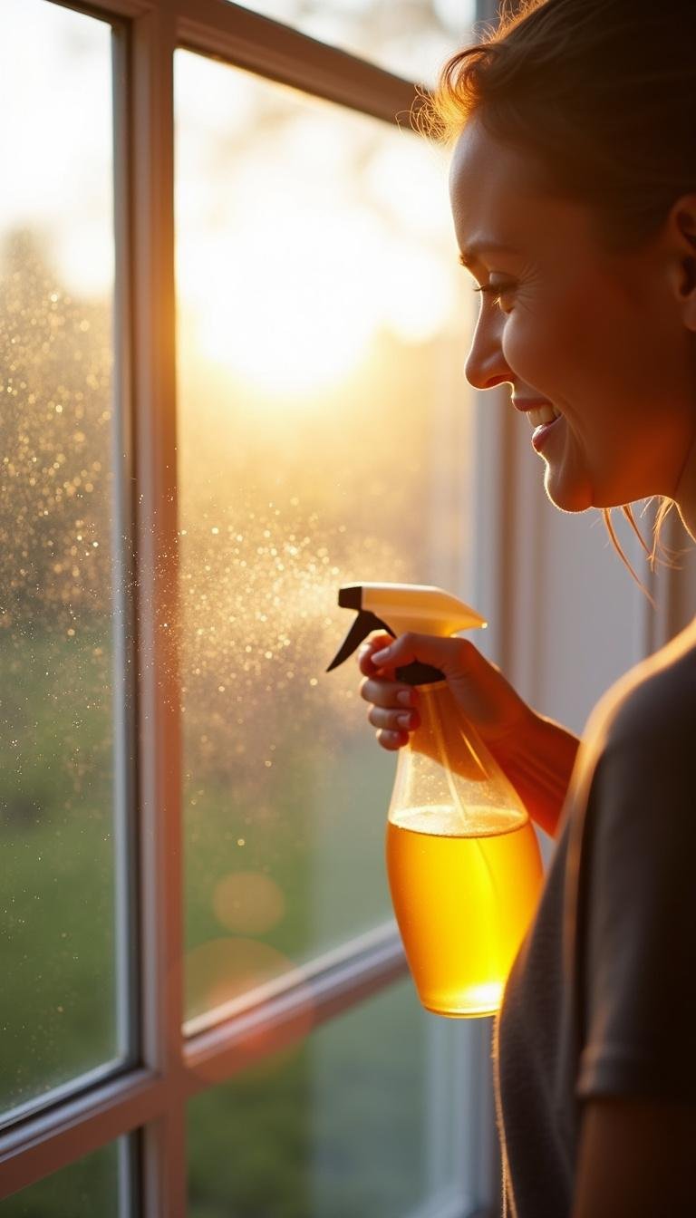 Person using homemade non-toxic cleaning spray to clean a window in natural sunlight