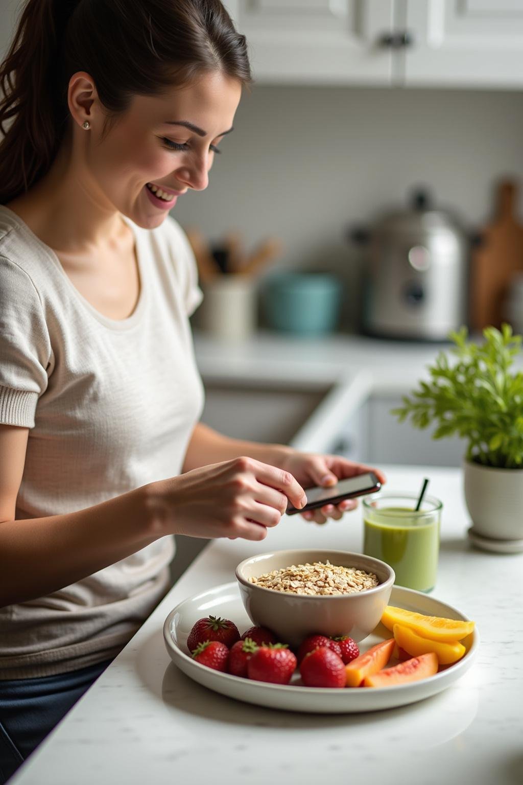 Woman healthy breakfast preparation with fruits, oats, and green tea for daily nutrition.
