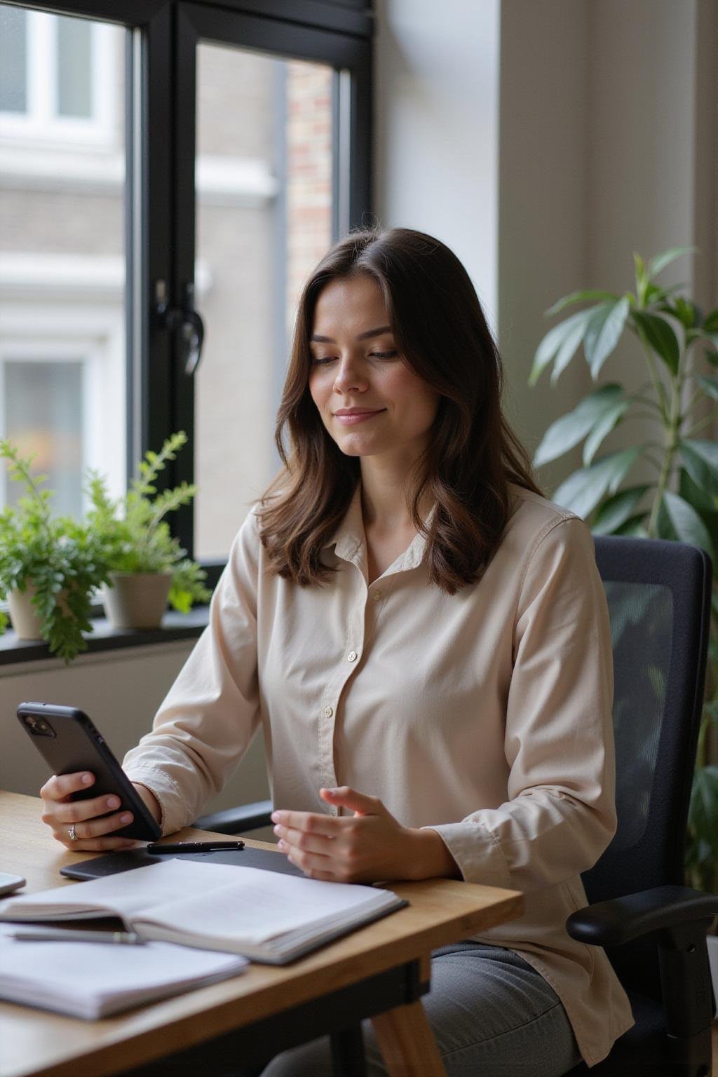 Busy professional doing mindfulness meditation at her office desk to reduce stress during work hours