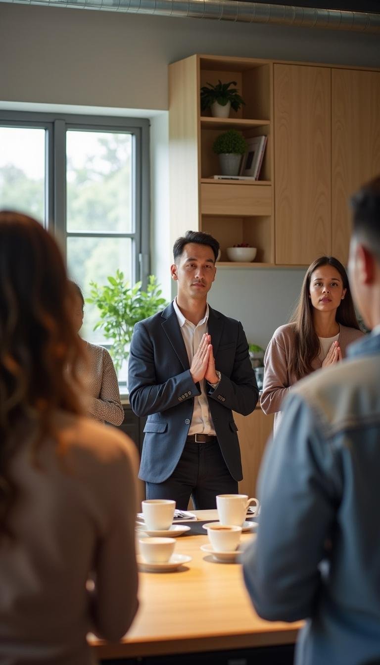 Colleagues participating in brief mindfulness breathing exercises during work break to boost focus
