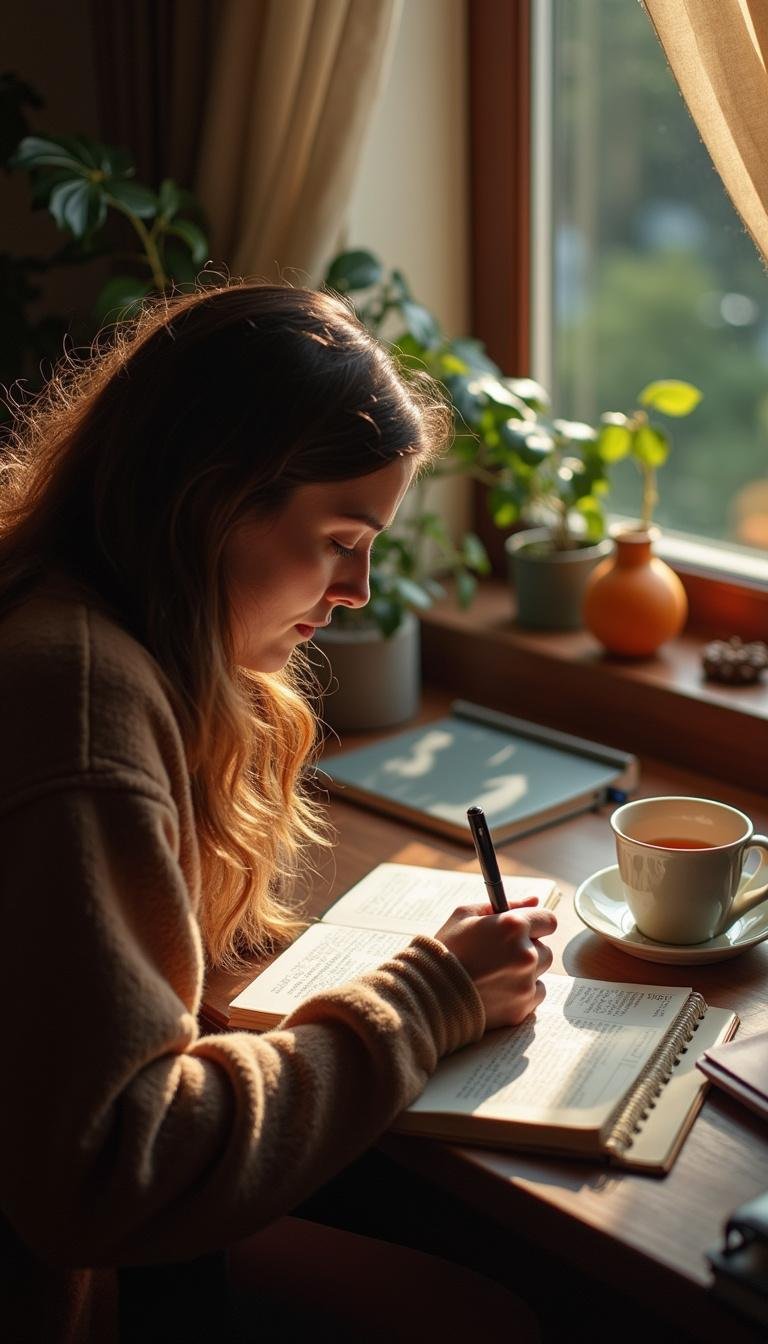 Individual practicing mindful journaling and reflection in a cozy space to enhance daily mindfulness