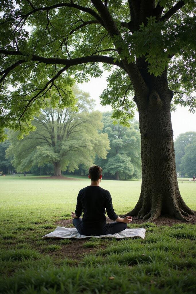Person meditating outdoors in nature, promoting mental healing from screen overload