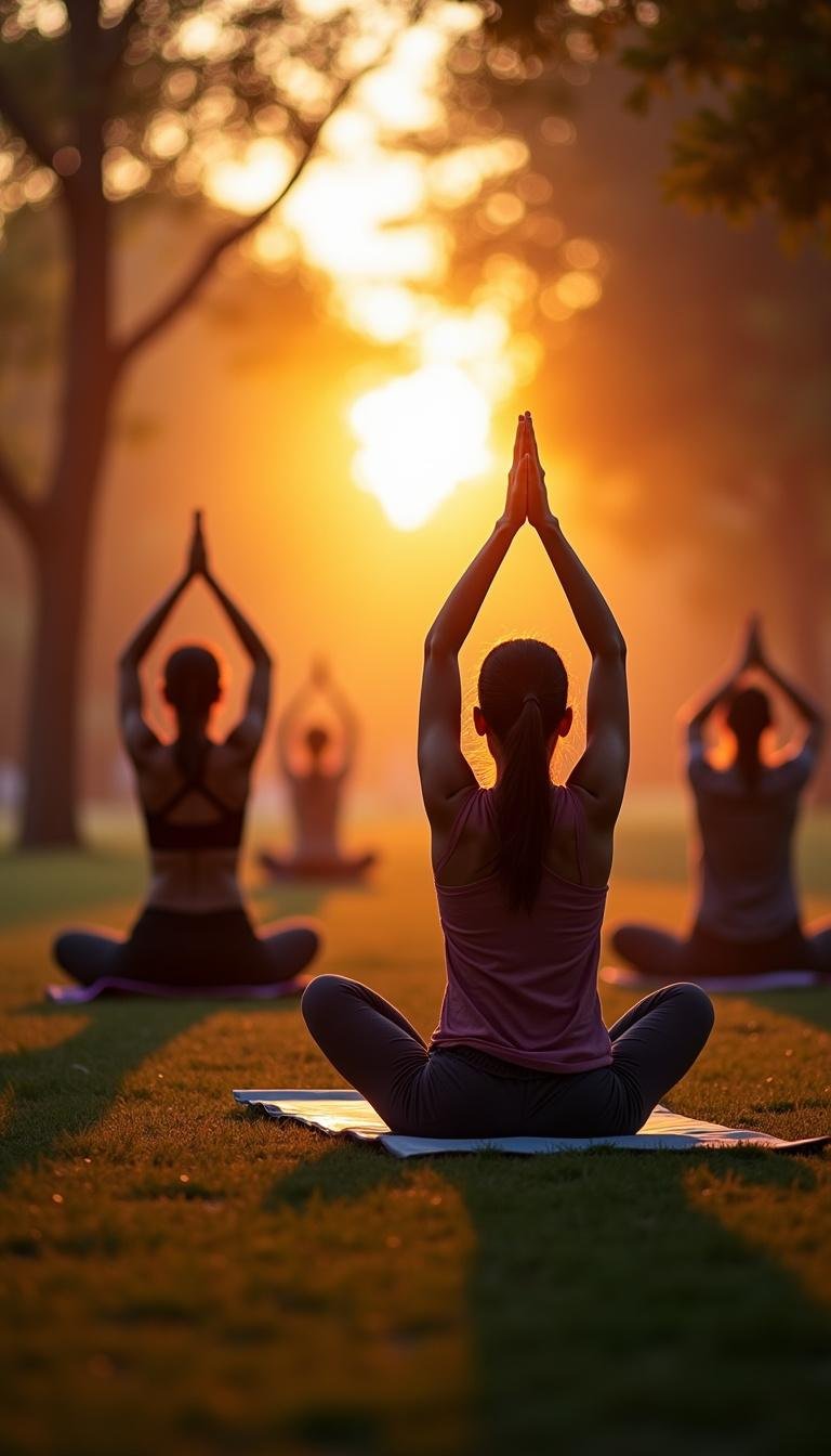 Group yoga session outdoors, illustrating relaxation and mental healing without digital distraction