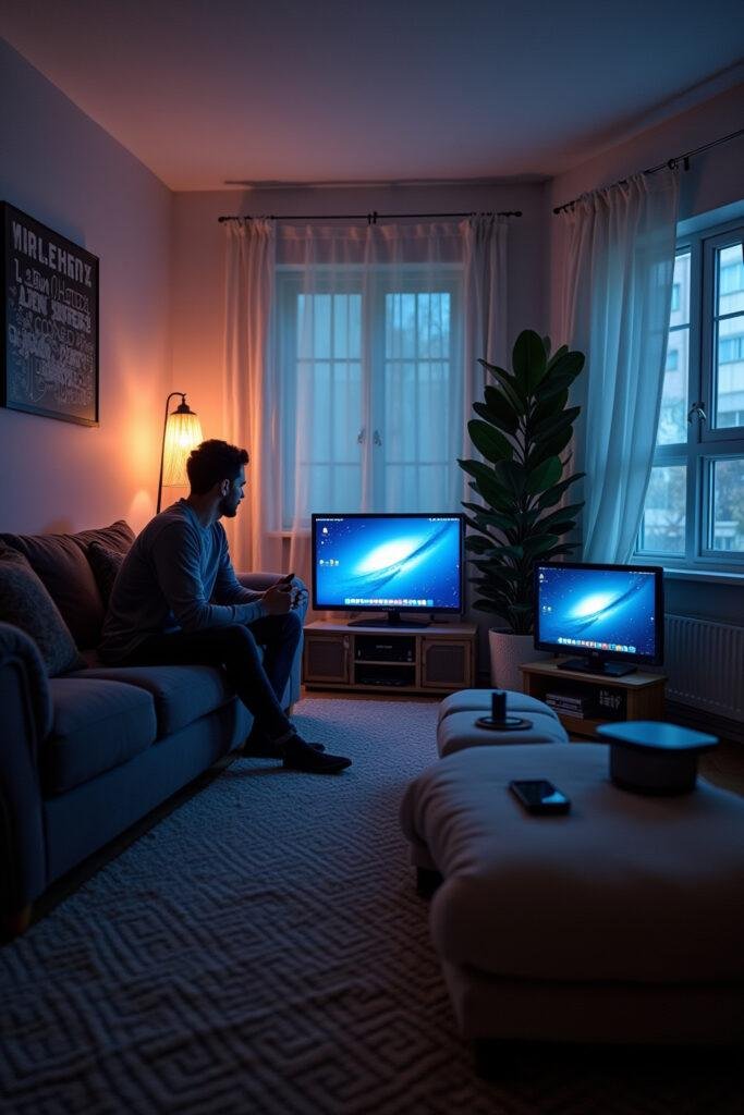 Person relaxing at home surrounded by electronic gadgets and devices emitting electromagnetic fields in 2025