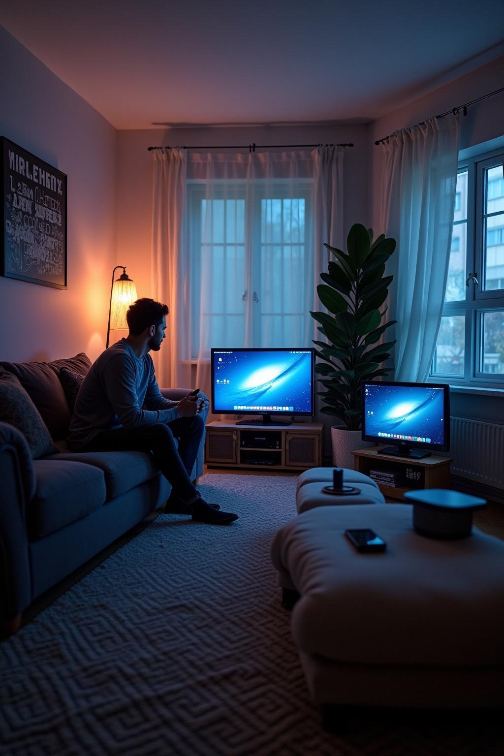 Person relaxing at home surrounded by electronic gadgets and devices emitting electromagnetic fields in 2025