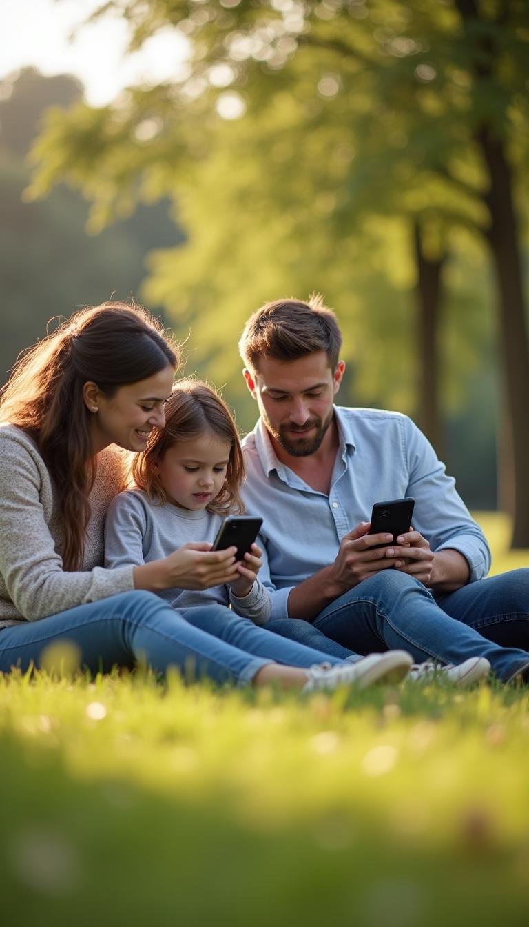 Family enjoying outdoor activities with wireless devices, highlighting EMF exposure in daily wellness in 2025