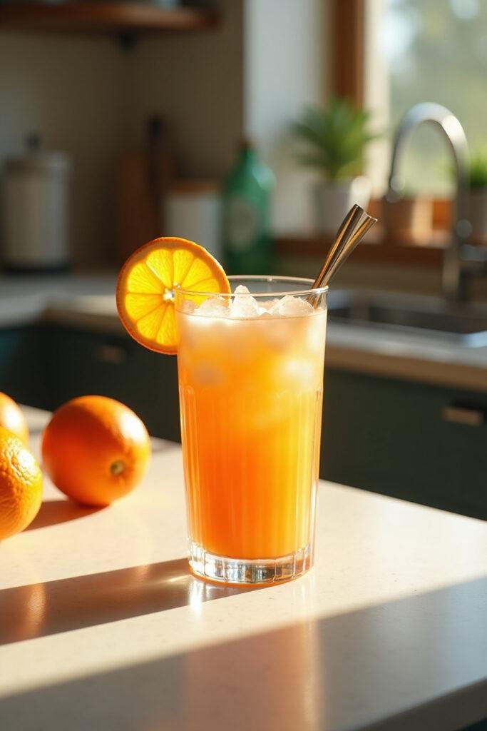 Close-up of a colorful adrenal cocktail in a glass garnished with orange slices and a straw