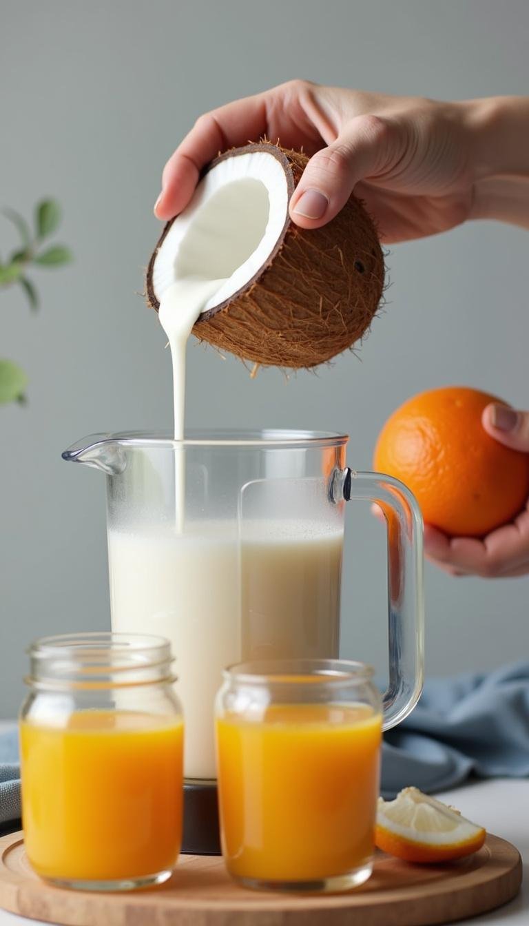 Person preparing an adrenal cocktail by blending coconut water and orange juice in a kitchen blender