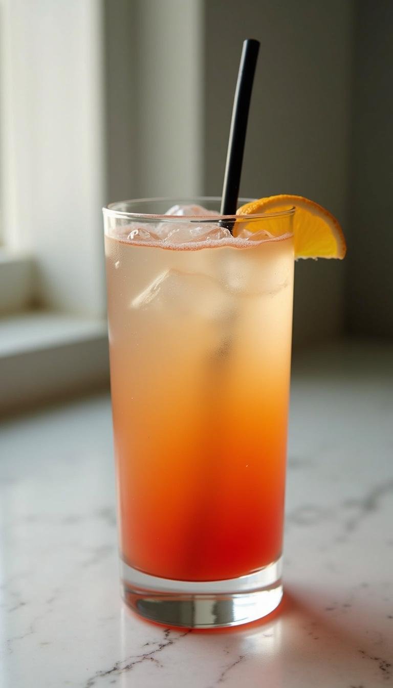 Ready adrenal cocktail in a glass with orange slices and a straw on a kitchen countertop
