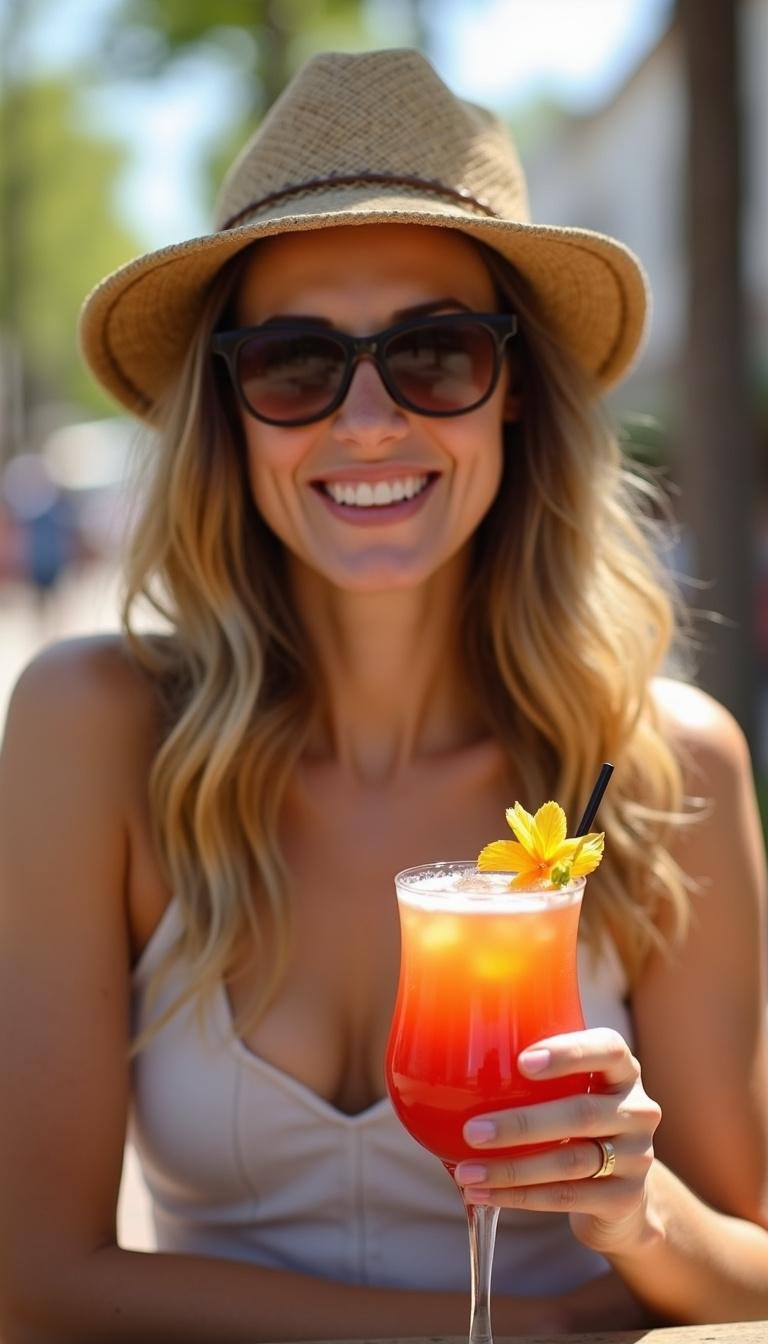Happy person drinking an adrenal cocktail outdoors, enjoying a healthy refreshment