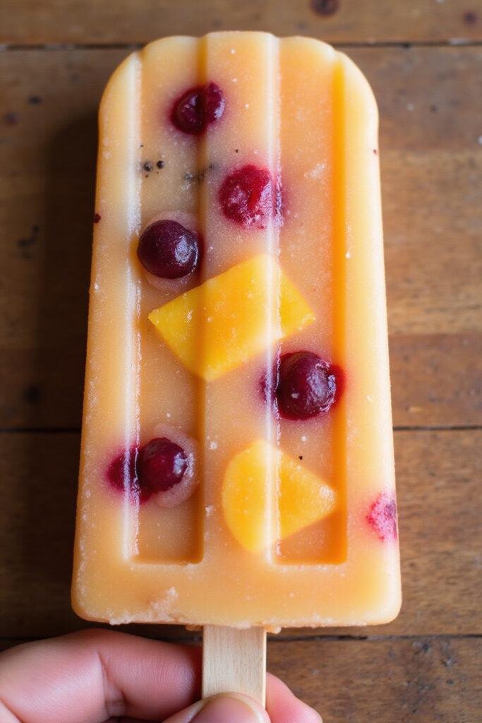 Homemade cortisol cocktail popsicle with fresh fruit inside on wooden table