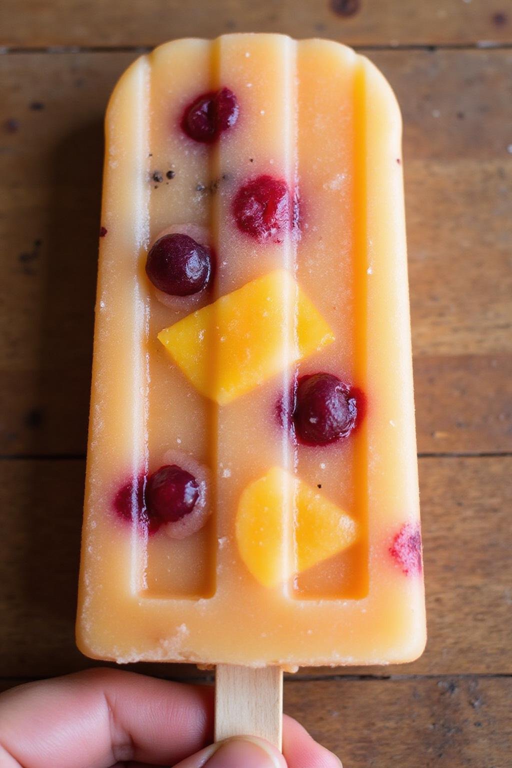 Homemade cortisol cocktail popsicle with fresh fruit inside on wooden table