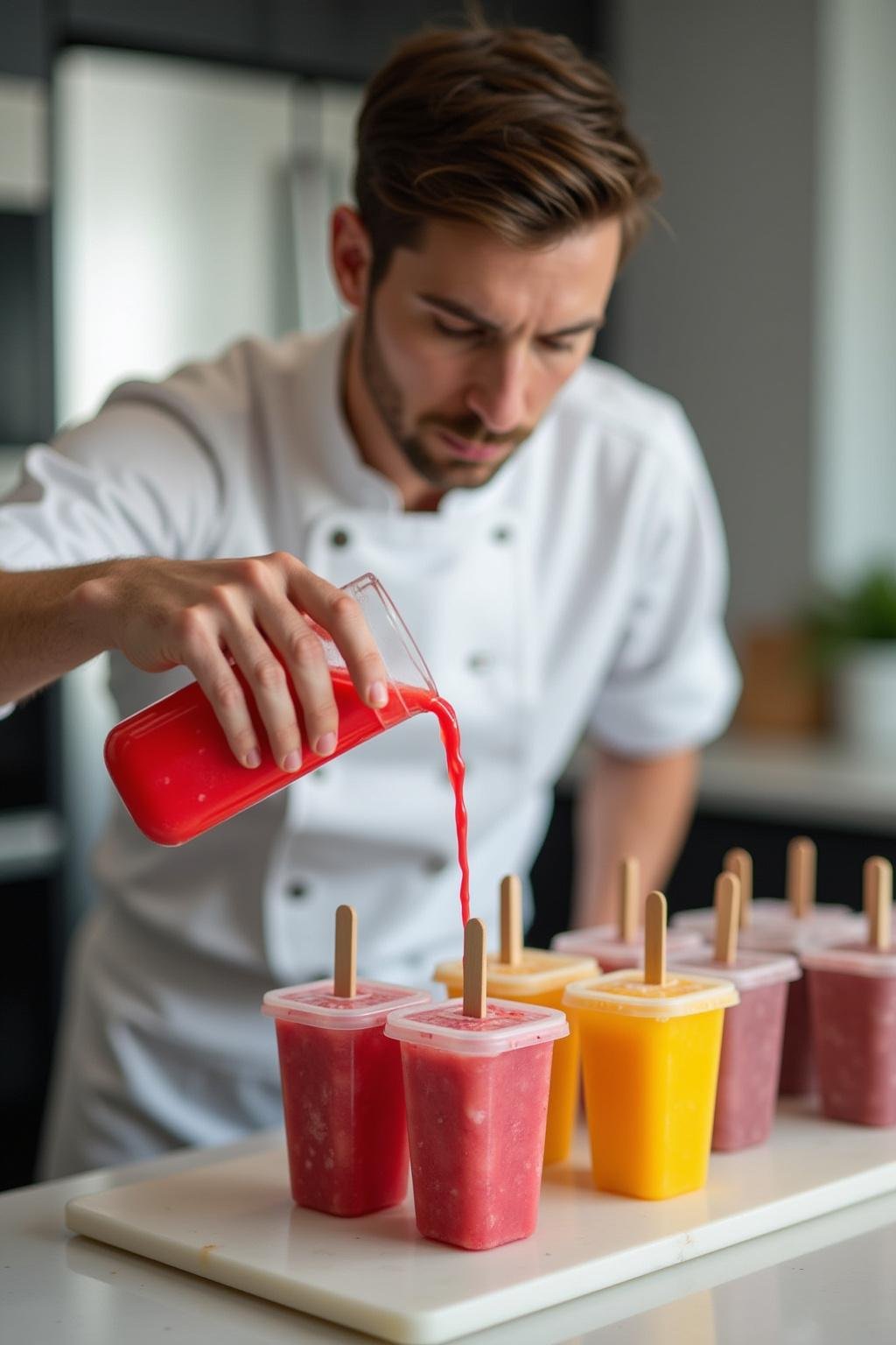Chef pouring cortisol cocktail mix into popsicle molds in kitchen
