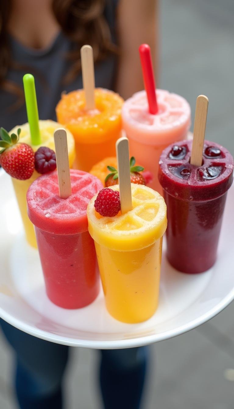 Assorted colorful cortisol cocktail popsicles with fruit toppings on a plate