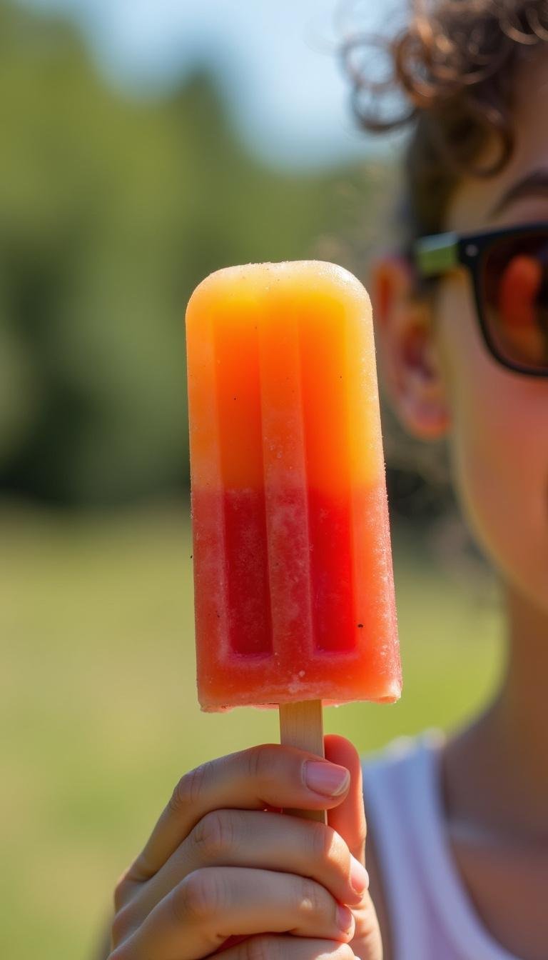 Person eating cortisol cocktail popsicle outdoors during picnic