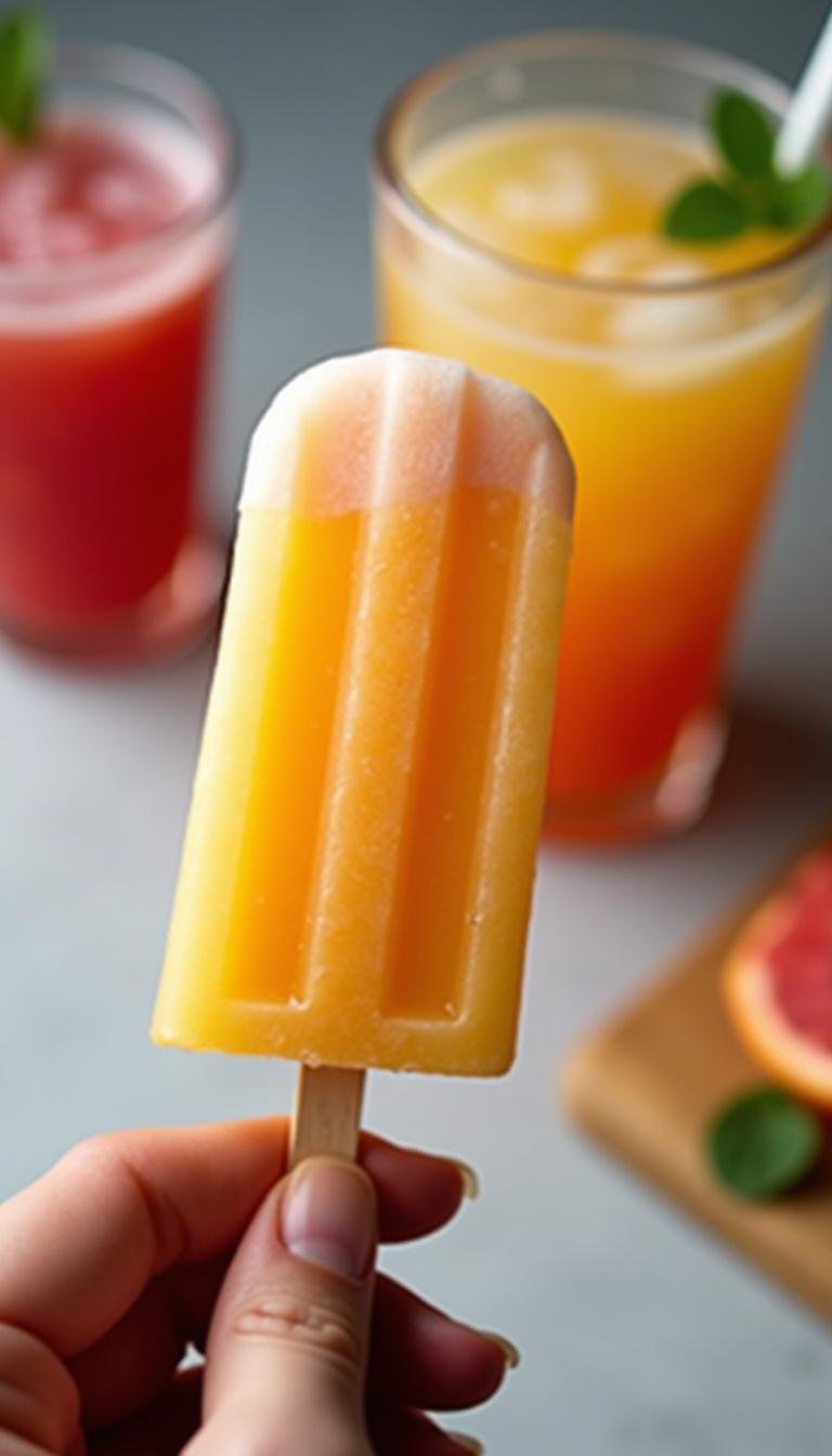 Hand holding a cortisol cocktail popsicle with a beverage in background