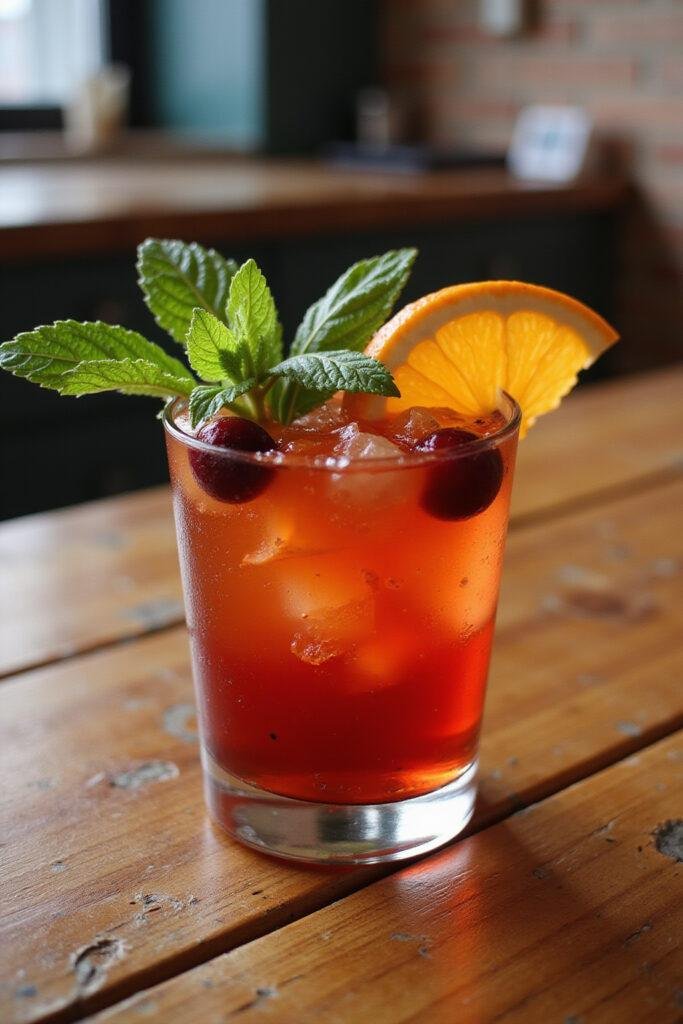 Close-up of an orange and cranberry cocktail in a clear glass with mint and orange garnish, on a wooden bar.