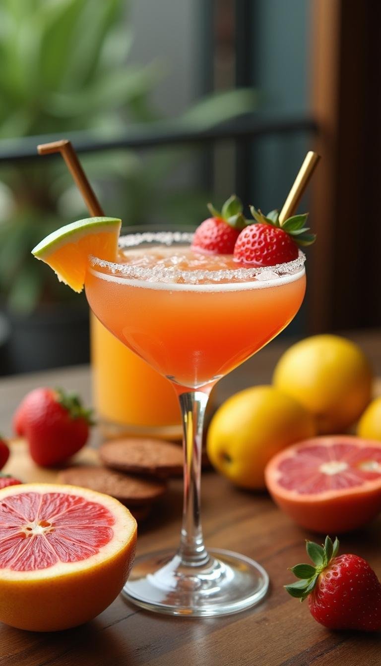 Elegant presentation of a cortisol cocktail with fruit garnishes on a stylish table setting.