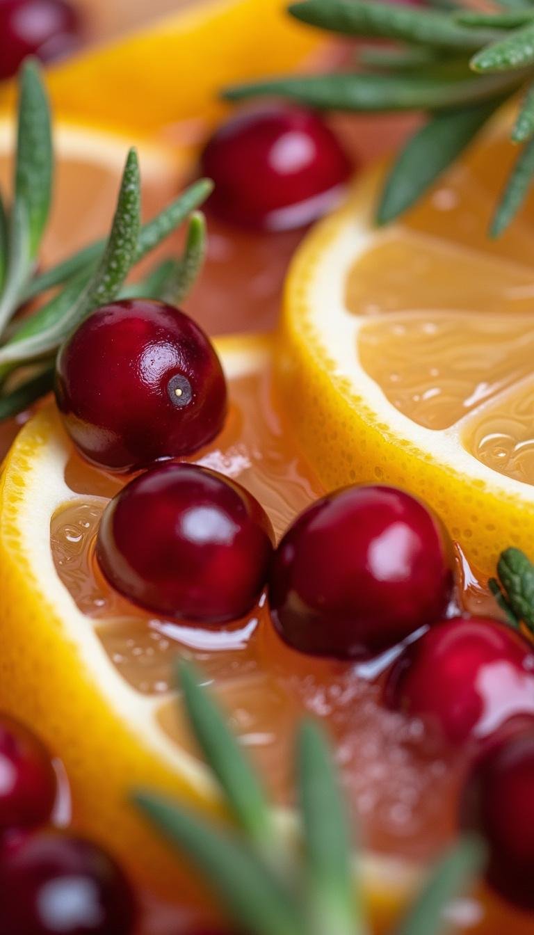 Assorted fresh ingredients for a cortisol cocktail, including citrus slices, cranberries, and herbs.
