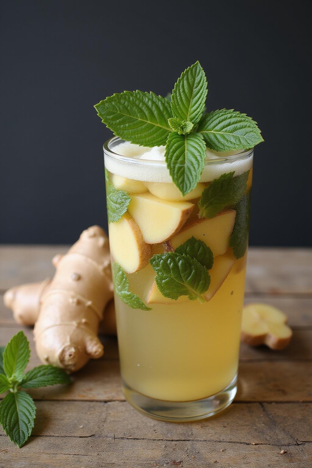 Glass of homemade ginger water with fresh ginger slices and mint leaves on wooden table