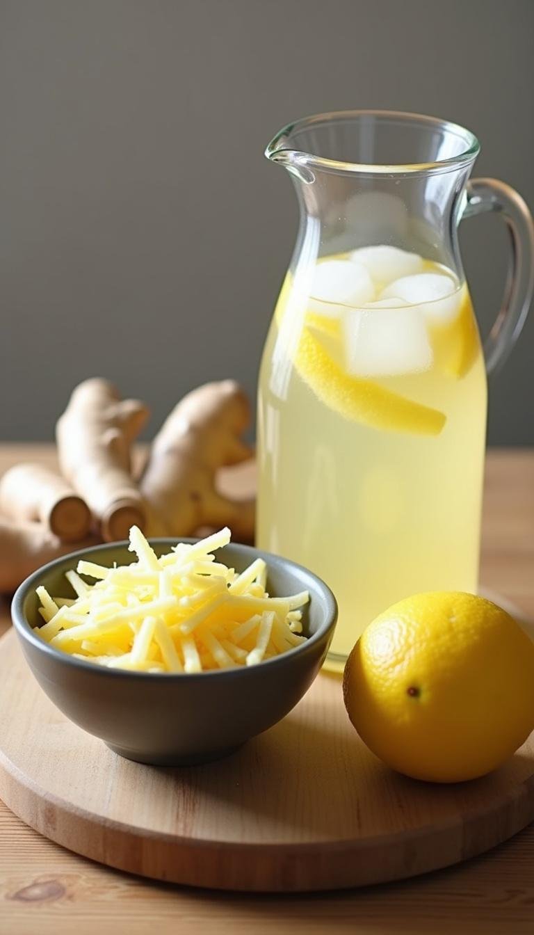 Grated ginger, lemon, and ginger water in a jug on a table