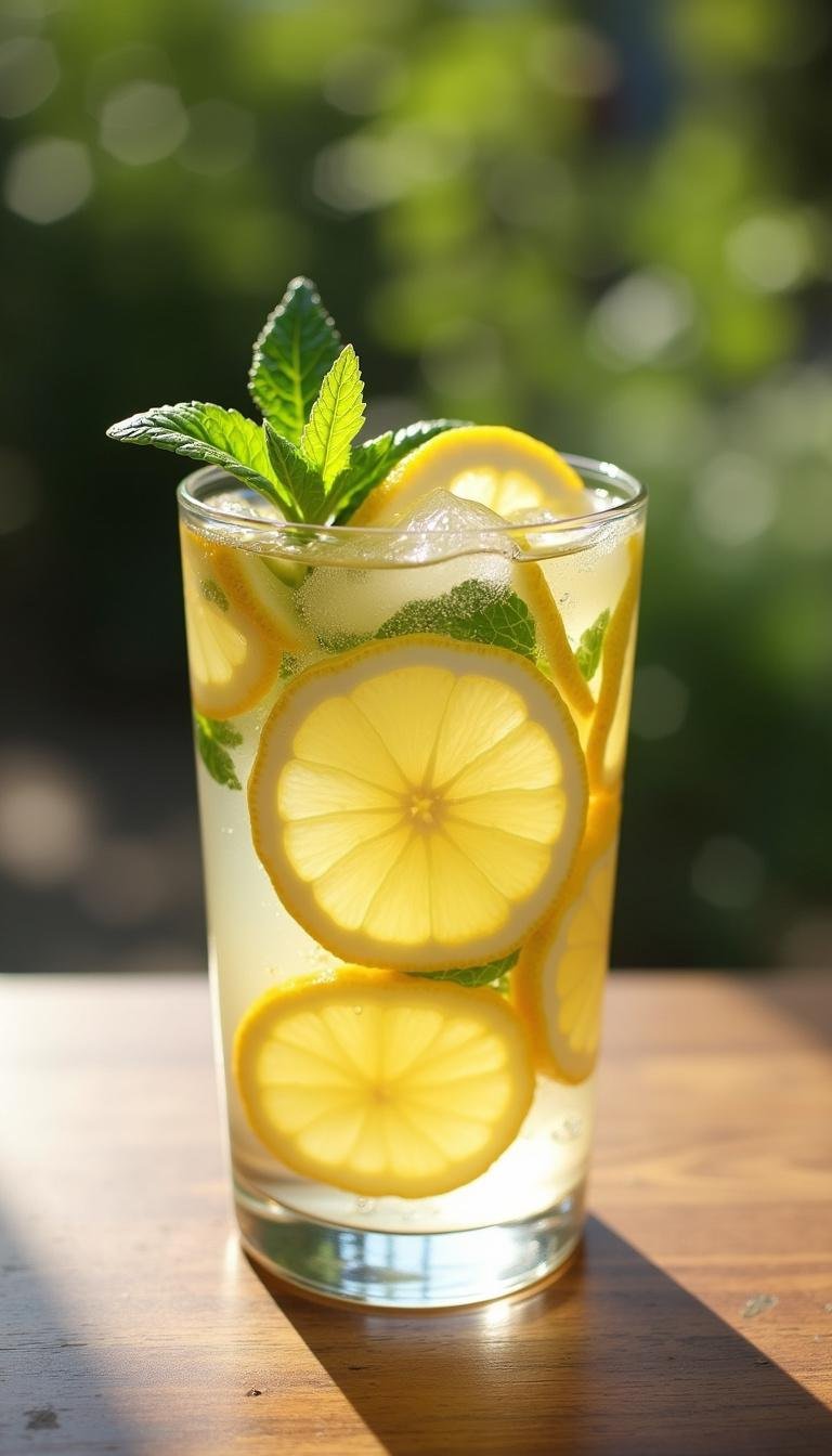 Refreshing ginger water with lemon slices and mint served outdoors