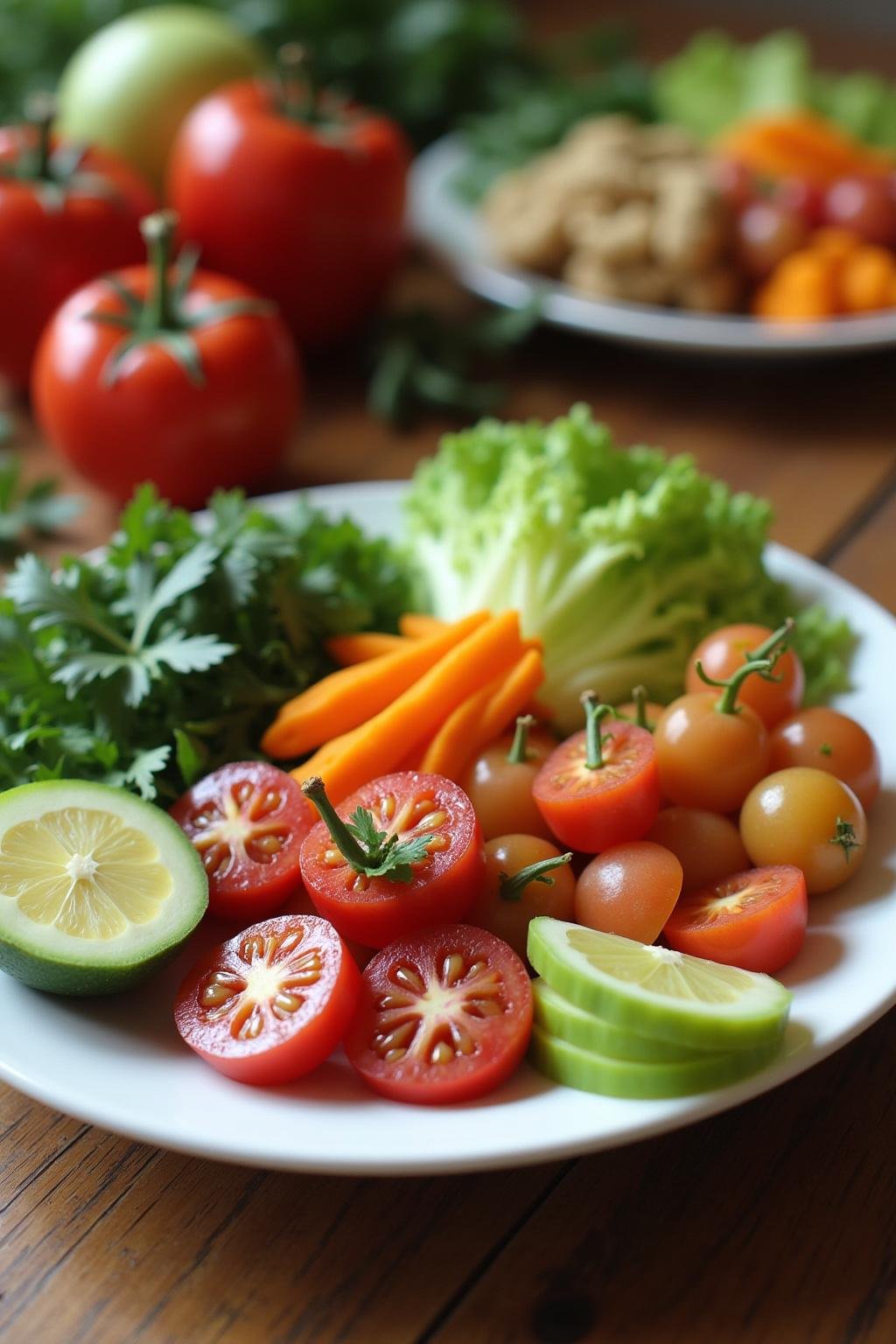 Plate of fresh salad with vegetables and fruits, showcasing healthy eating habits