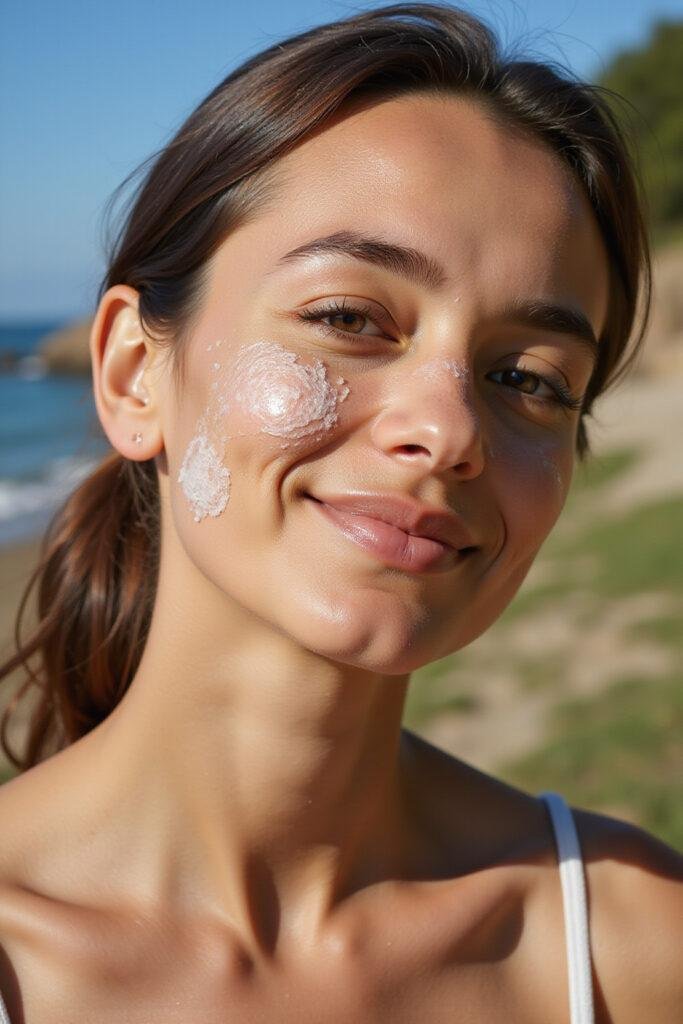 Individual using natural sunscreen on face during sunny outdoor activity to prevent sunburn