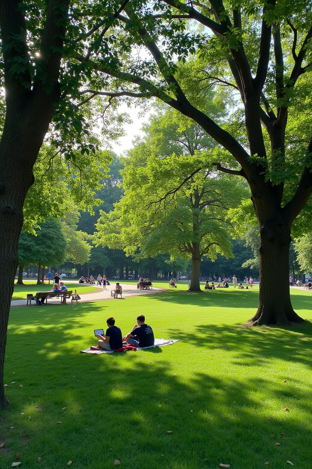 People enjoying shade under trees to protect themselves from direct sun exposure outdoors