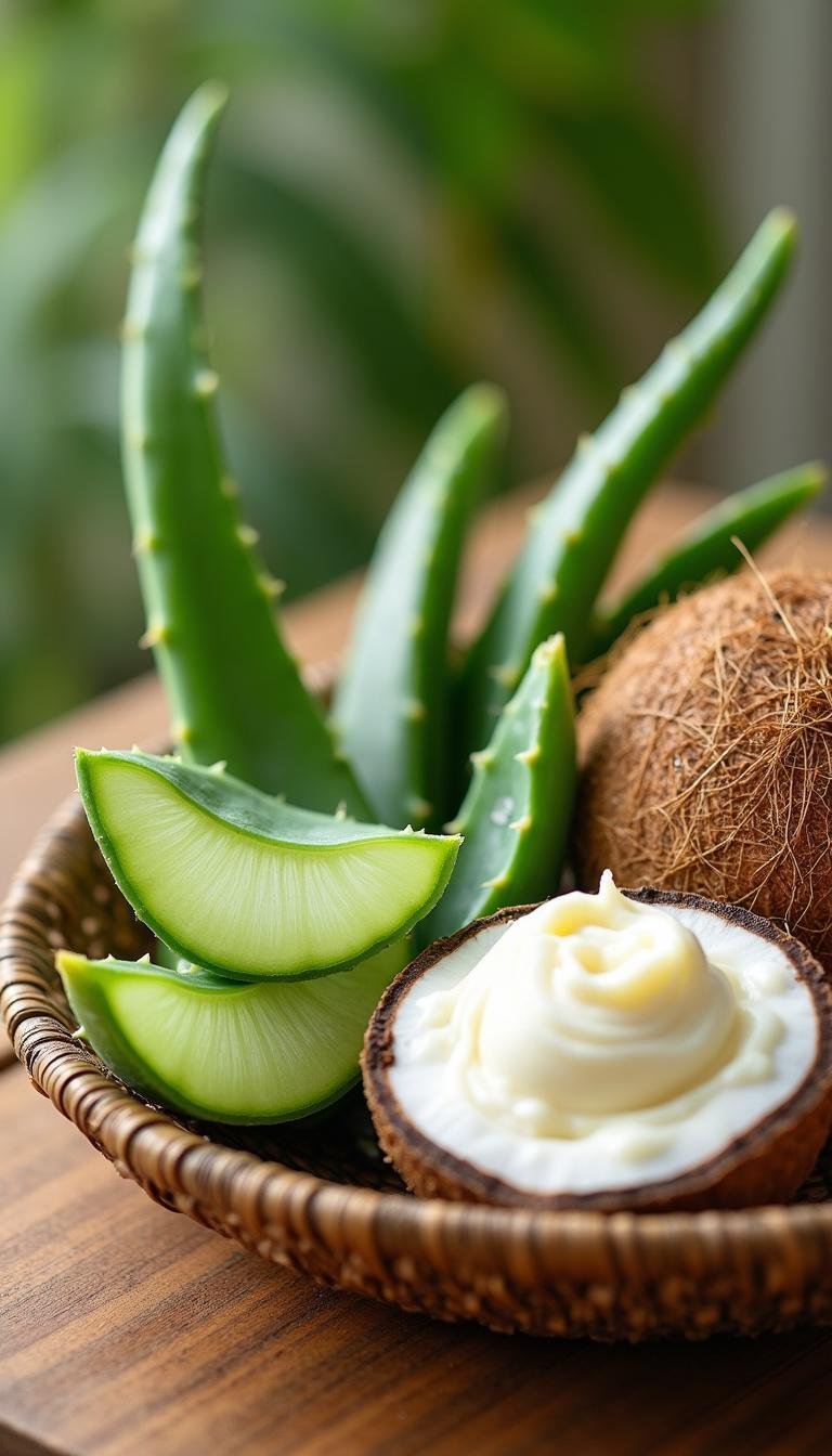 Fresh aloe vera, coconut, and shea butter in a basket, ingredients for natural sun protection remedies