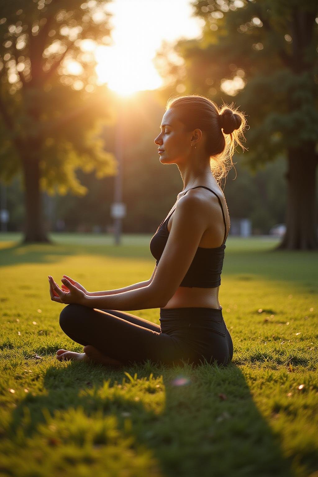 Woman meditating peacefully in a green park at sunrise to promote holistic mental health during perimenopause