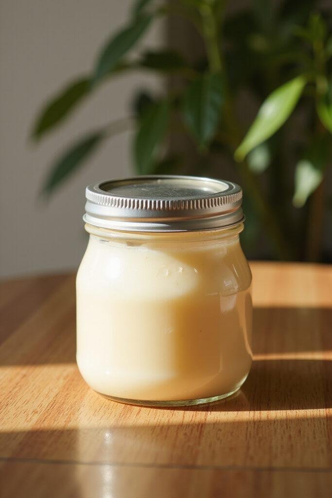Homemade sunscreen lotion in a glass jar with a wooden background and sunlight