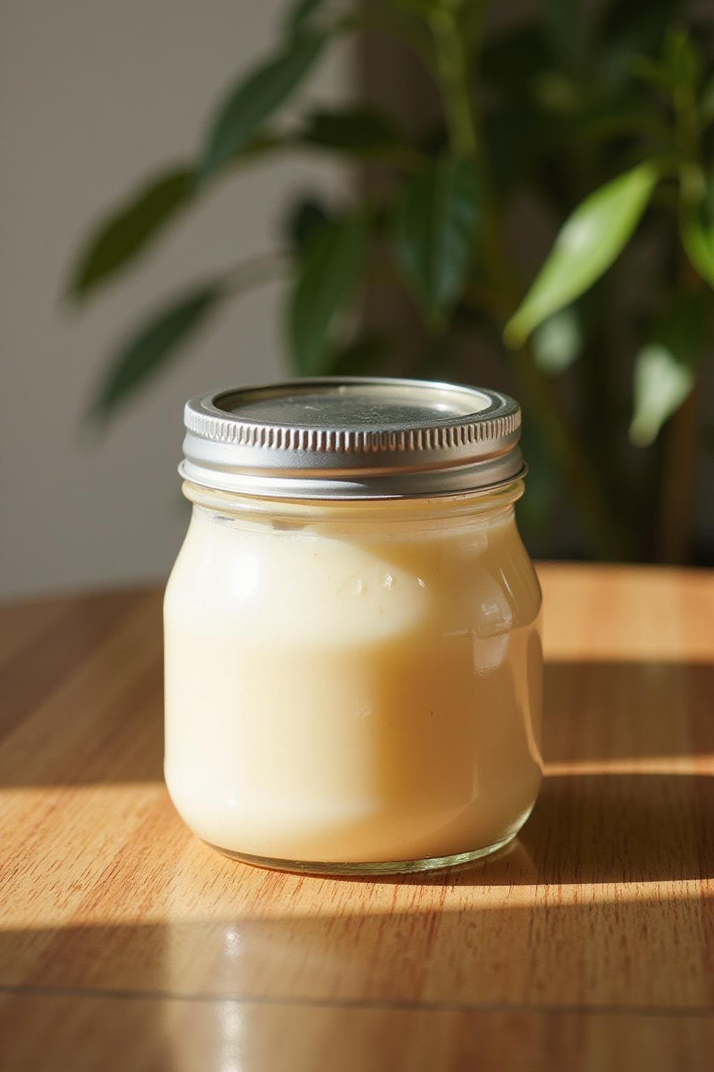 Homemade sunscreen lotion in a glass jar with a wooden background and sunlight