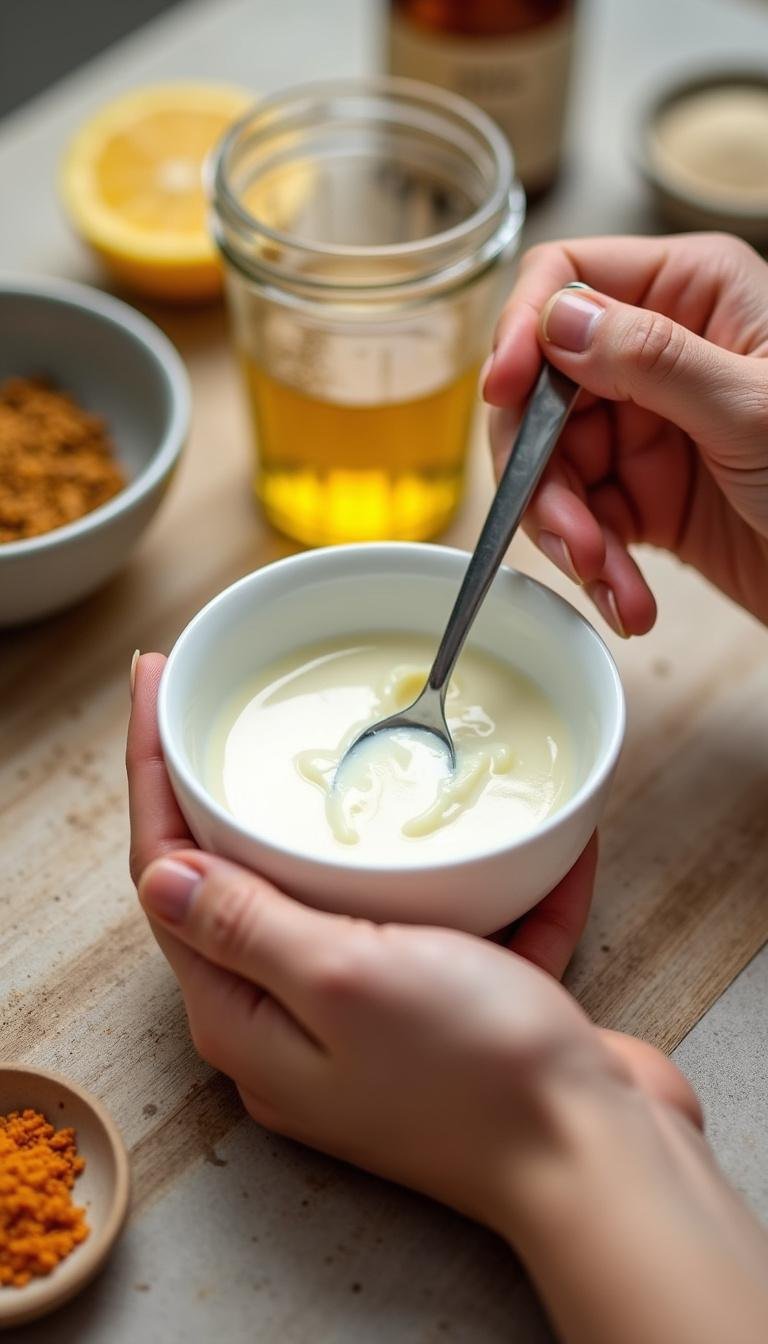 Person preparing homemade sunscreen lotion by mixing natural ingredients in a bowl