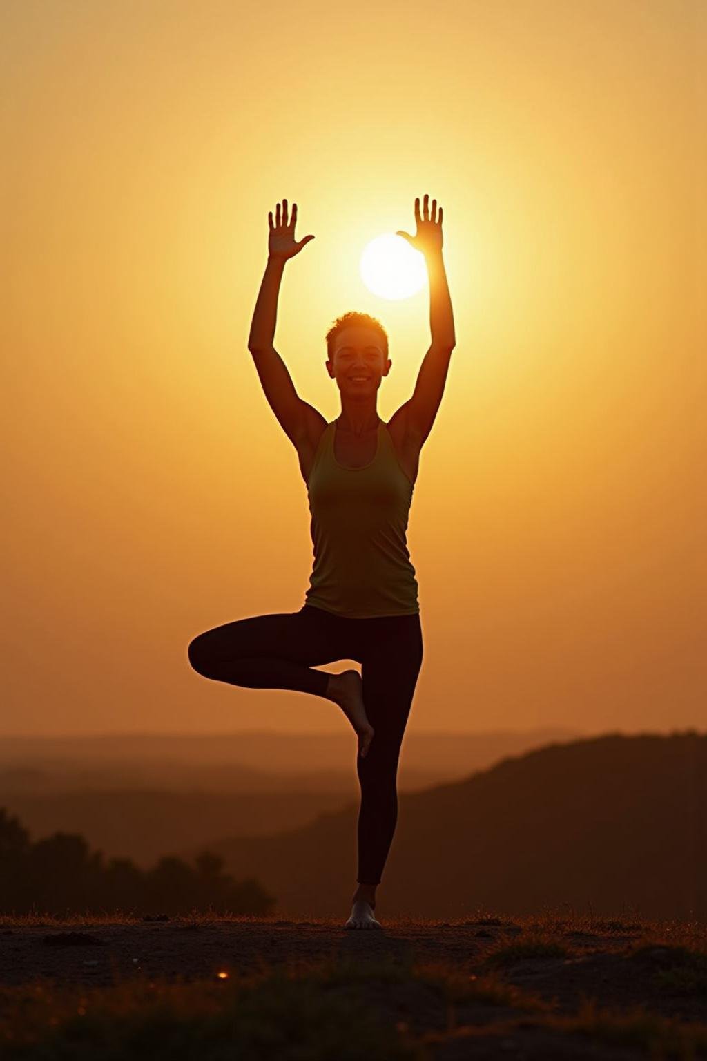 Person doing yoga outdoors during sunrise, representing mental health and stress relief