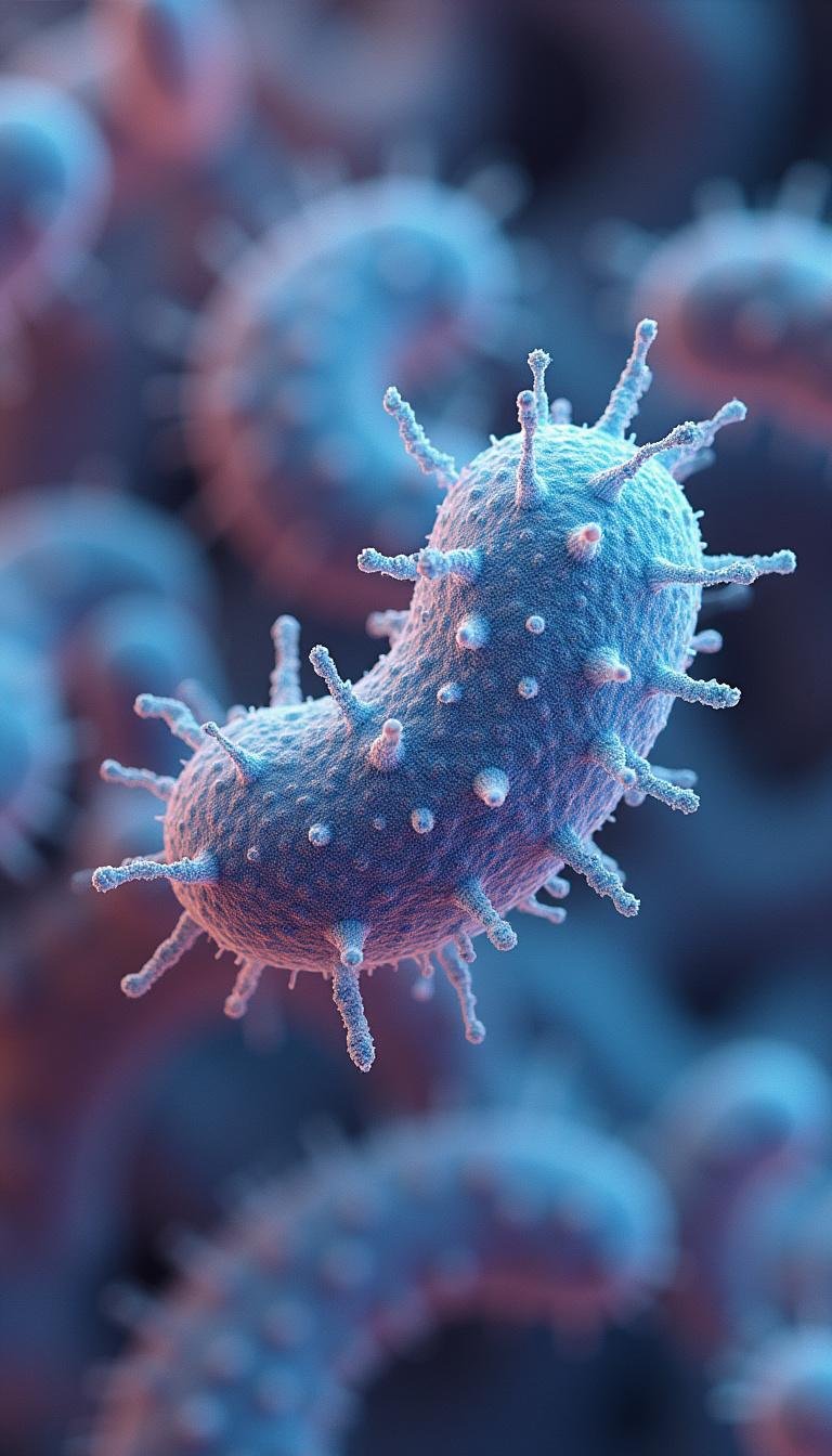 Zoomed-in microscopic image of gut bacteria indicating microbiome's influence on mental health