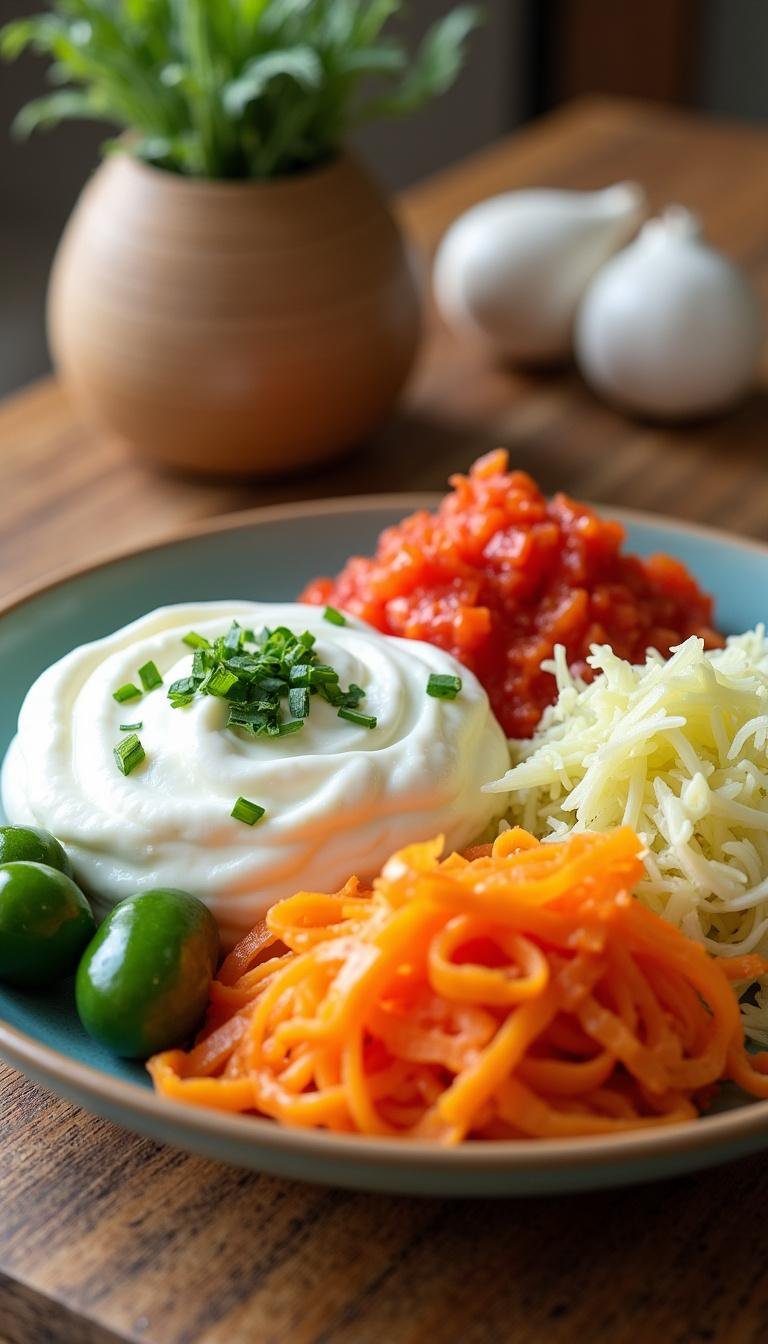 Plate of probiotic foods including yogurt, kimchi, and sauerkraut, promoting gut and mental health