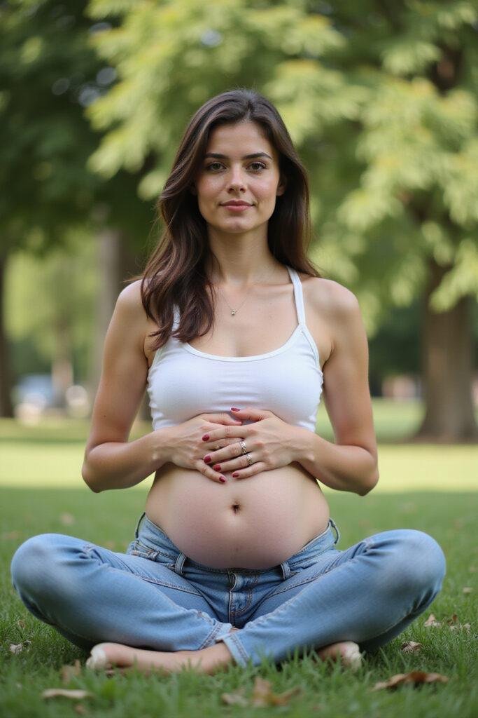Woman outdoors holding her abdomen, symbolizing menstrual health awareness and emotional resilience