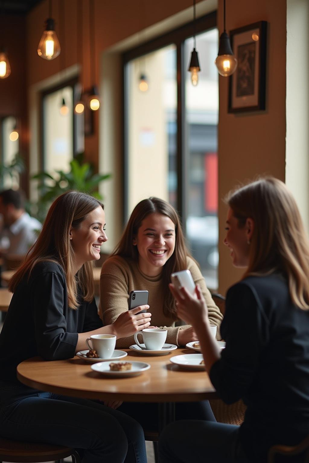 Friends sharing a joyful moment over coffee in a warm cafe setting