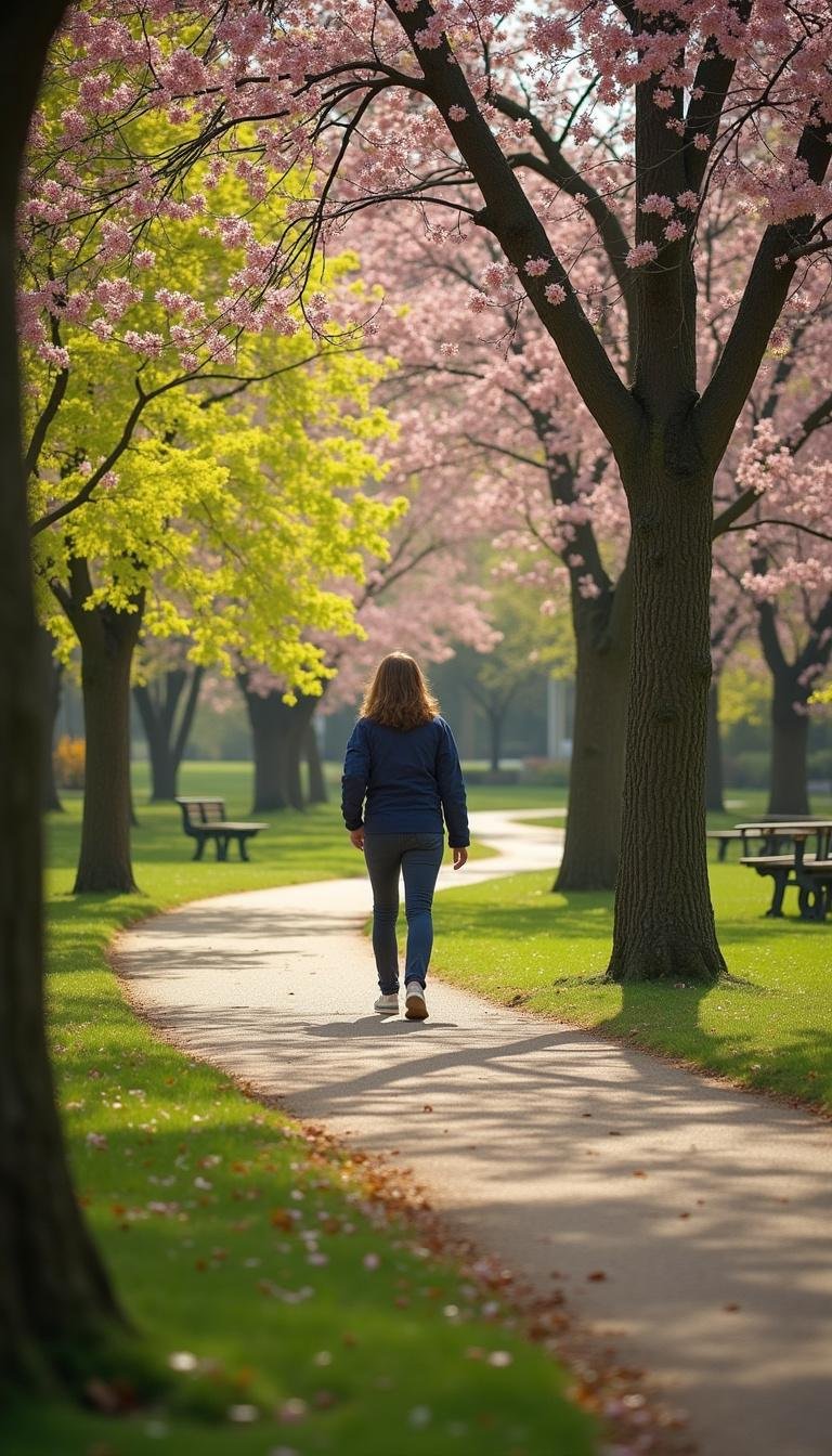 Happy individual enjoying a peaceful walk in a colorful park setting
