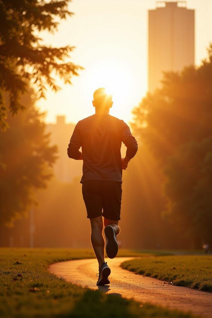 Healthy person jogging in park at sunrise, representing natural way to increase metabolism