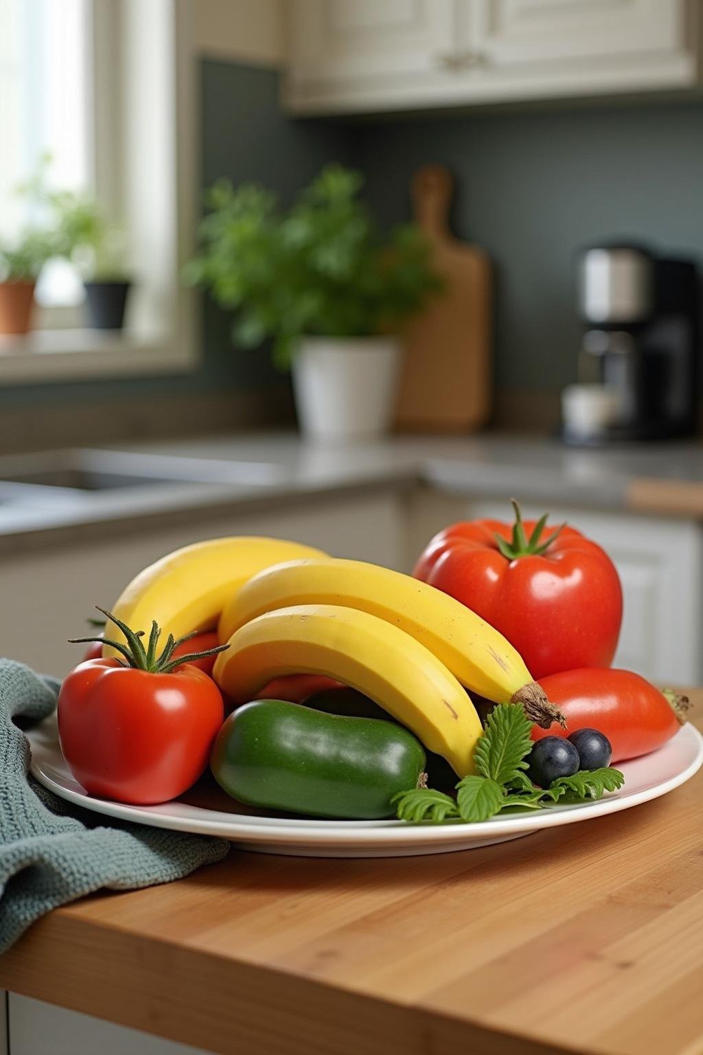 Fresh fruits and vegetables on a counter, promoting natural ways to boost metabolism